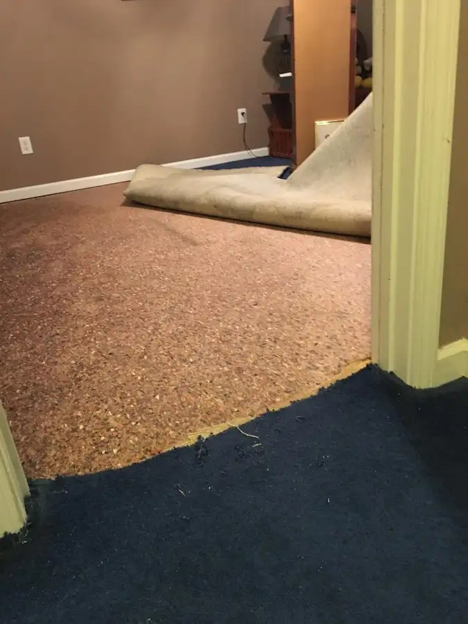 Carpet pad removal revealing water damage during Water Mitigation Services in Wynne